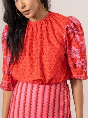 Emily Lovelock Lilly Blouse Flame Scarlet Red Floral Tropical 3/4 Balloon Sleeve